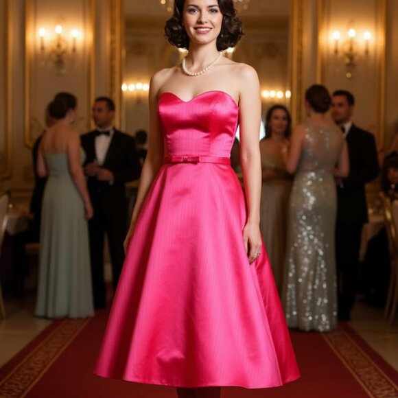 🌹Vintage Scott McClintock Strapless Hot Pink Cocktail Satin Gown / Formal 8 - Picture 1 of 10